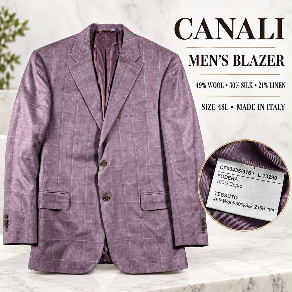 Canali Sport Coat Mens 48L Plaid Wool Silk Linen Italy Blazer Windowpane Jacket